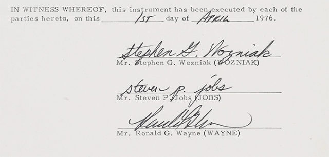 Unterschriften unter dem Gründungsvertrag von Apple vom 1. April 1976